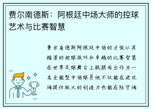 费尔南德斯：阿根廷中场大师的控球艺术与比赛智慧