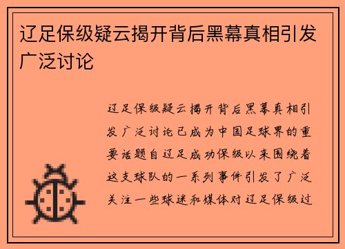 辽足保级疑云揭开背后黑幕真相引发广泛讨论